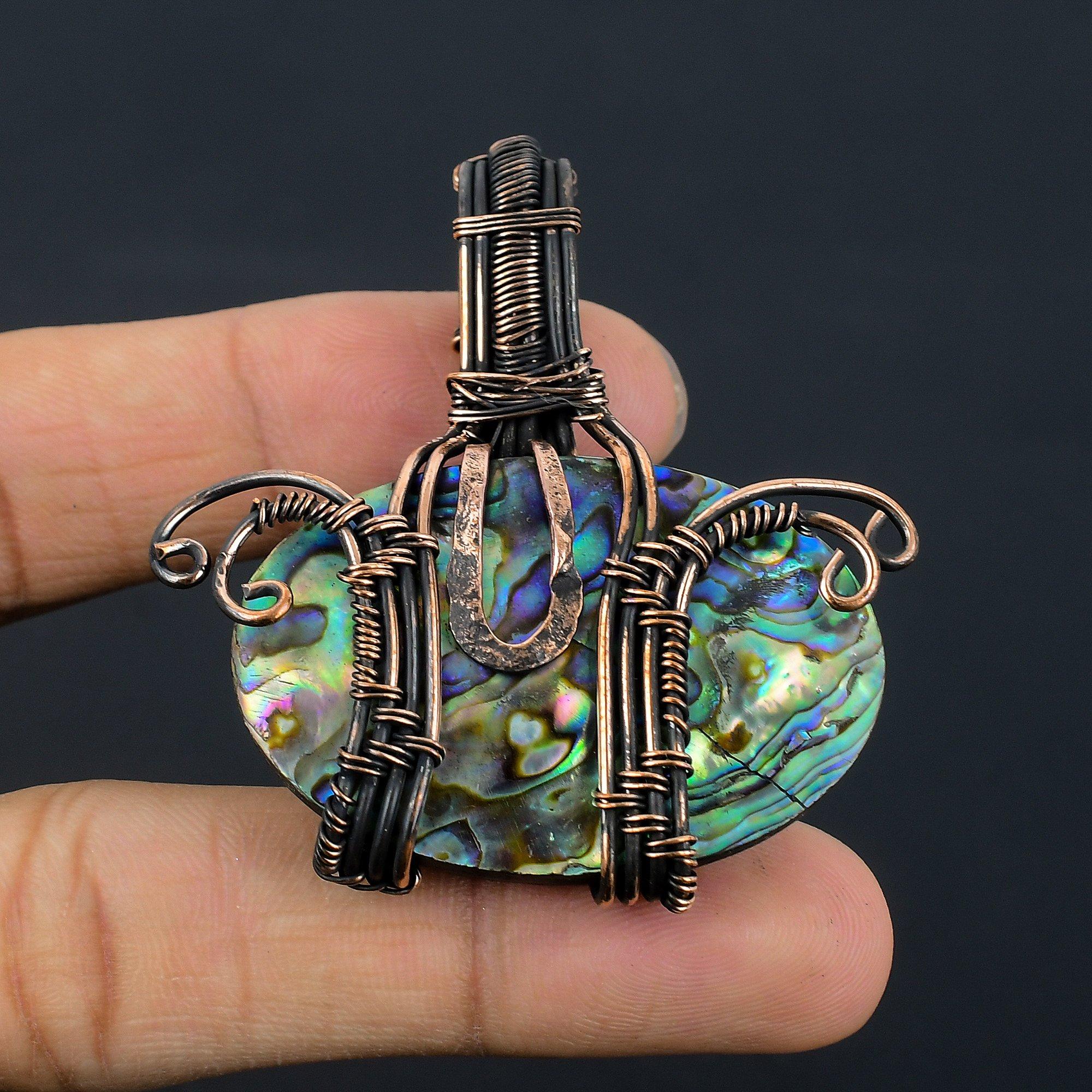 

Кулон из раковины абалона, обернутый медной проволокой 999 пробы, Ювелирные изделия с подвеской из драгоценного камня ручной работы, Подарки для жены, Совершенно новый кулон 2.55 Inches