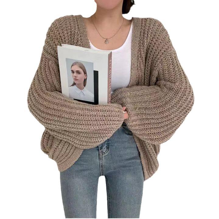 Korean Chic Autumn V-Neck Casual Loose Knit Cardigan with Lantern Sleeves