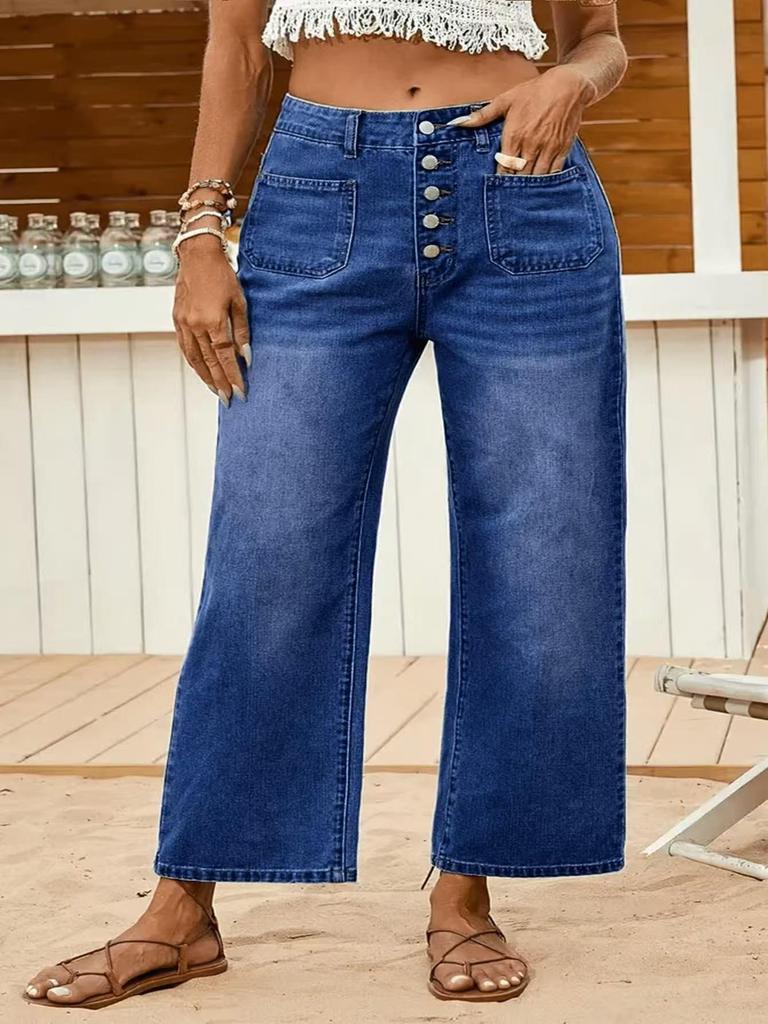 Women's Plus Size Multi-Button Stretch Denim Cropped Jeans