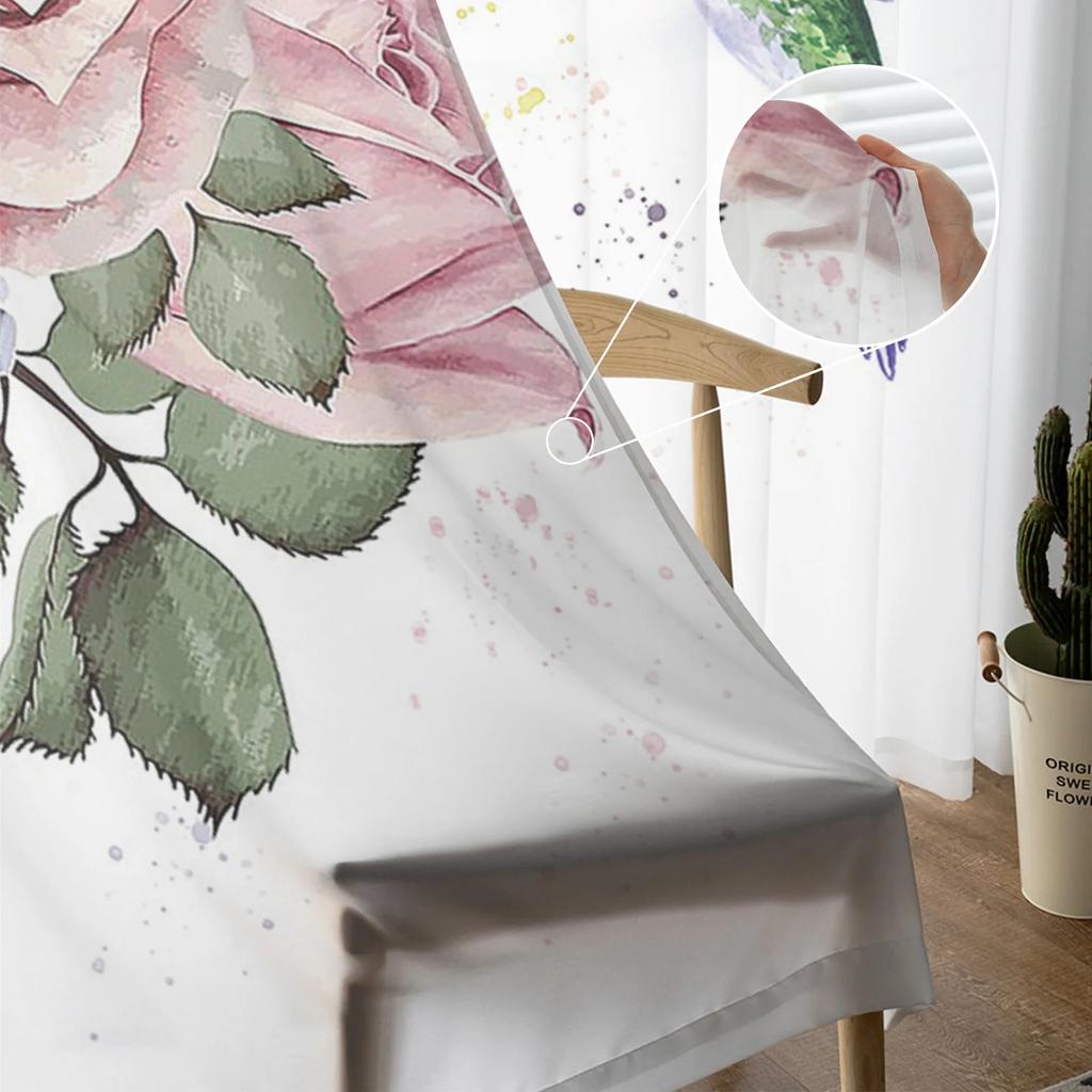 Sheer Hummingbird Pink Flower White Tulle Curtains Living Room Bedroom Decoration Transparent Chiffon Voile Window Curtain Polyester Washable Sitting