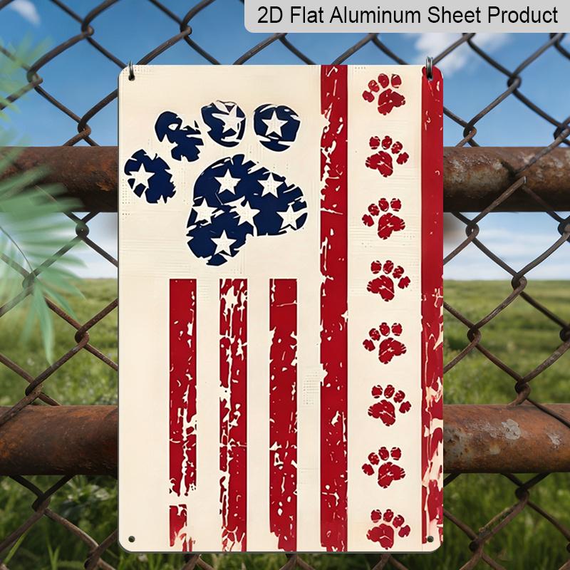 2D Flat Patriotic Dog Paw Print Metal Sign, 8×12 Inch Aluminum Wall Art, Vibrant Stars and Stripes Design, Durable Decor for Pet Lovers, Memorial Day