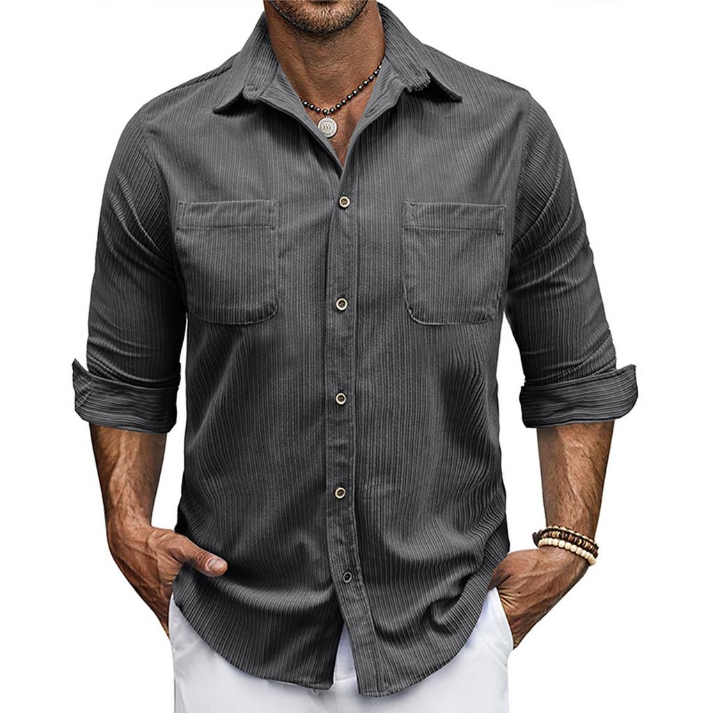 Men's Long Sleeved Corduroy Shirt With A Lapel Top
