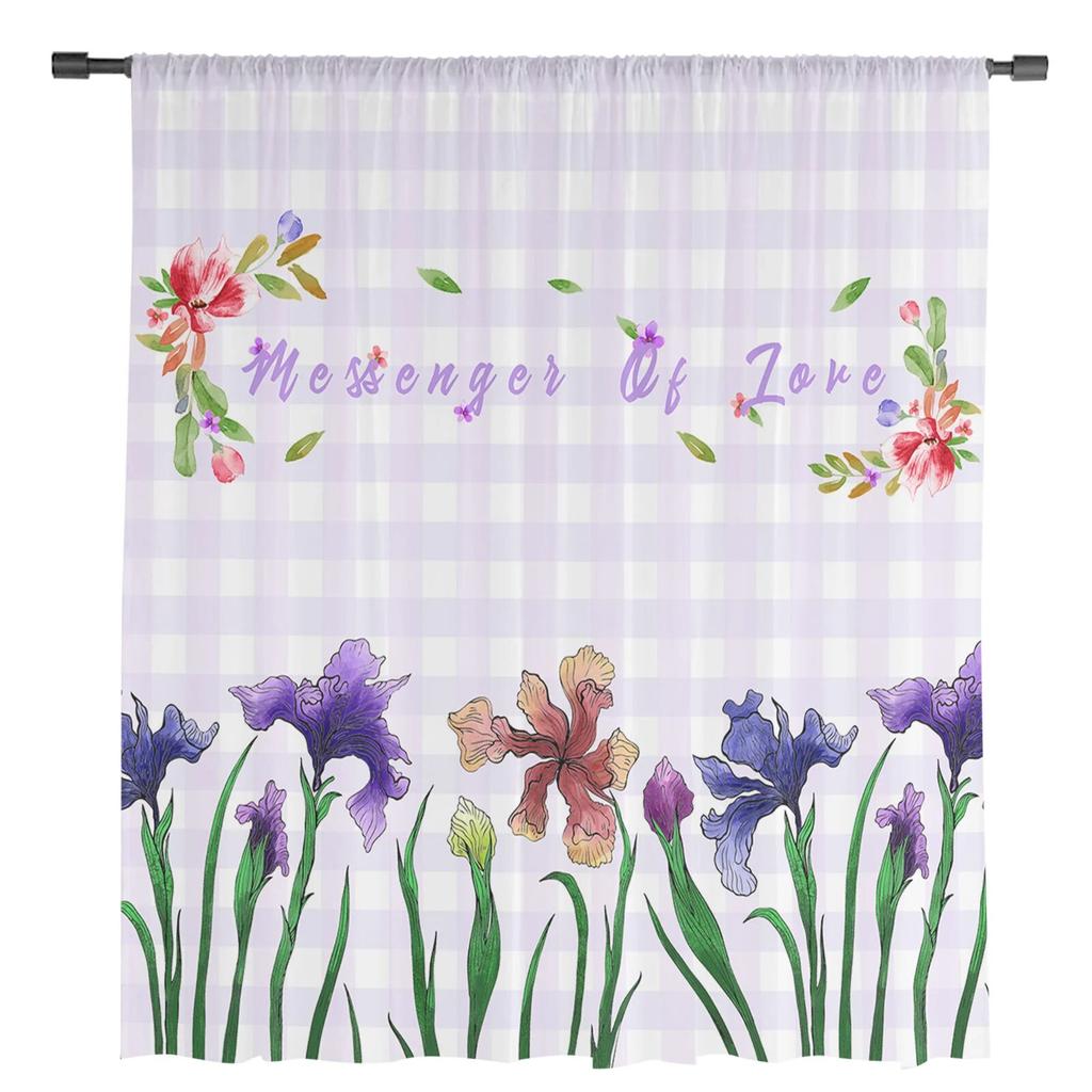 Iris Flower Plaid Sheer Curtains for Living Room Bedroom Decoration Chiffon Tulle Voile Kitchen Window Curtain