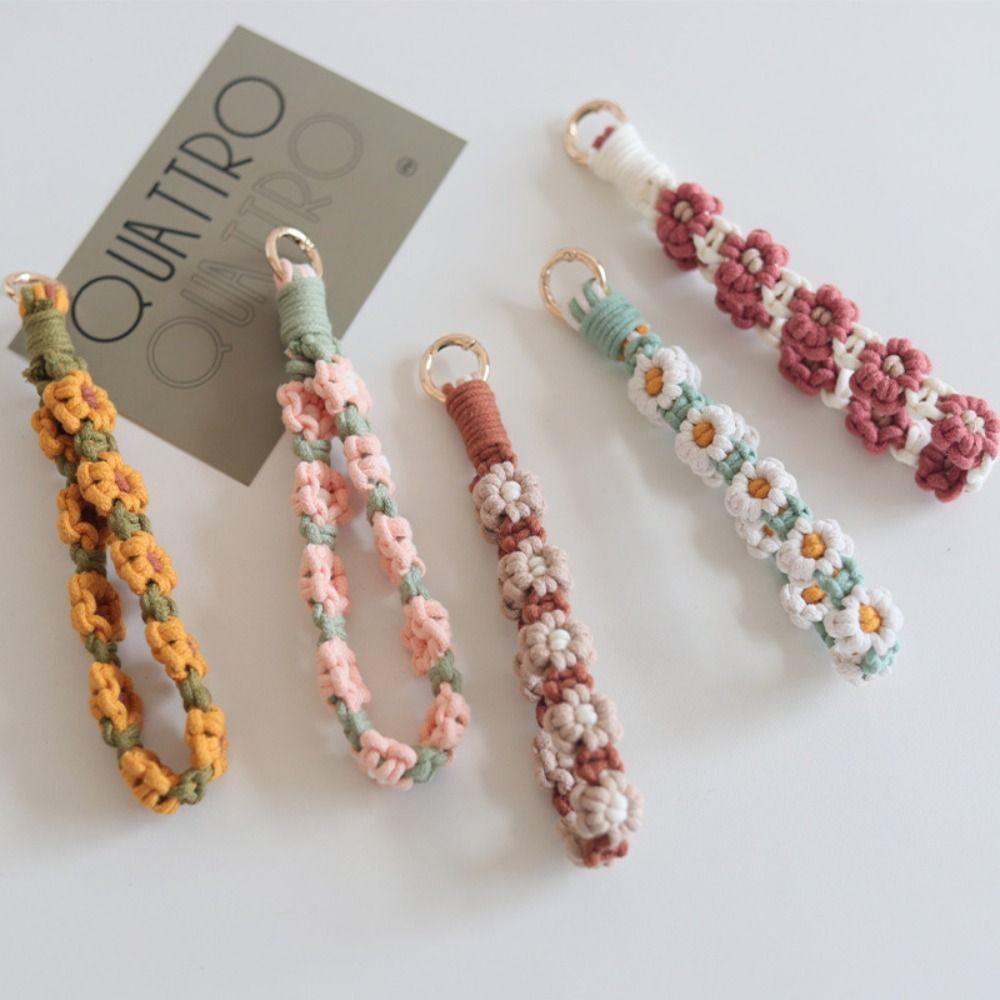 Keyring Weave Daisy Flower Keychain Phone Wristband Crochet Macrame Wristlet  Hanging Accessory