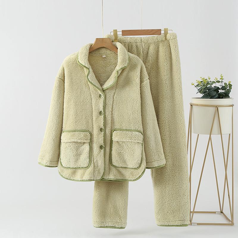 Autumn and winter loungewear warm thickened pajamas pajamas women's arctic velvet couple's solid color cardigan can be worn loosely