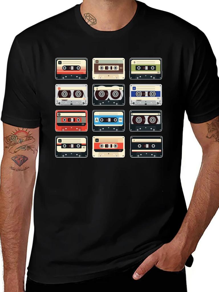 Retro Cassette Tape Printing Men's T-Shirt Short Sleeve Cotton Tees Retro Hip-Hop Summer Y2k Tops Men Clothing Oversize T-shirt