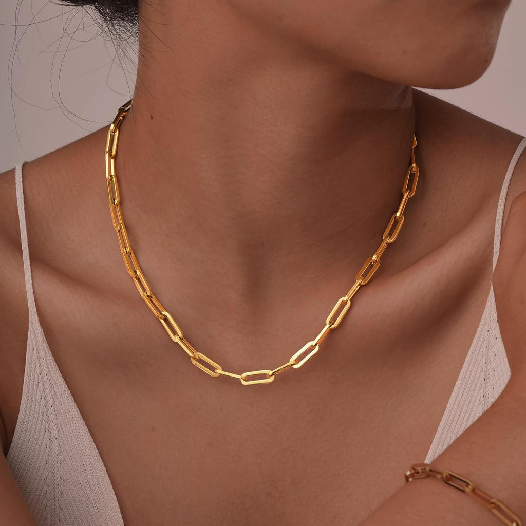 Necklace Stainless Steel Rectangular Chain Thick Choker Gold Silver Color Simple Design Adjustable Unisex Gift Accessory [Rockyu] Women's & 40-45cm