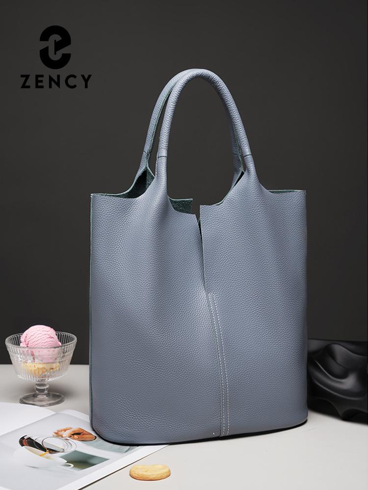 Zency Μαλακή Γνήσια Δερμάτινη Γυναικεία Τσάντα Tote Χειρός Κλασική Κομψή Μπλε Μεγάλης Χωρητικότητας Shopper Σύνθετη Τσέπη Γκρι Πορτοφόλι 2024