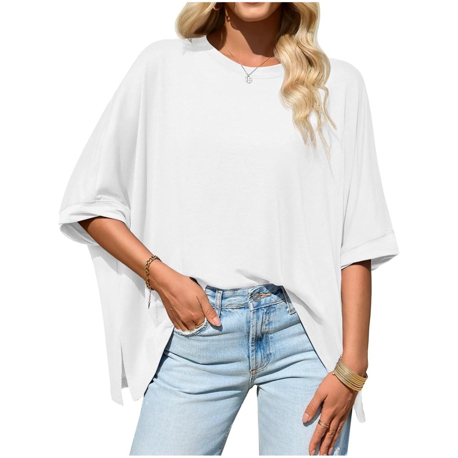 

Women s Fashion Solid Color Round Neck Loose Short Sleeved Shirt With Slit Hem And Pullover T-shirt Top XL білий
