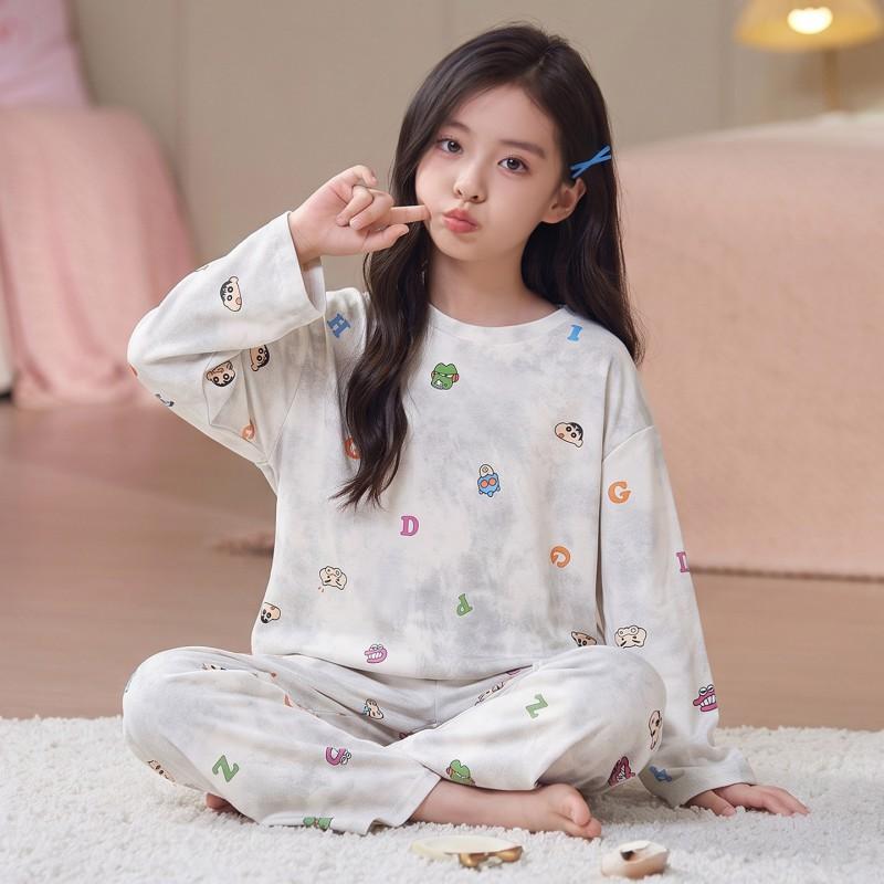100% Cotton Girls Pajama Set Long Sleeve Round Neck Thin Home Wear Kids 8 Years