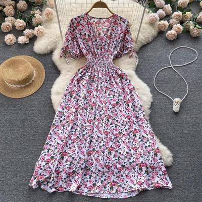 Women Floral Print Casual Dress V Neck Short Sleeve High Waist A Line Ankle Length Spring Summer Dress