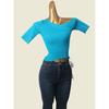 Blue Diagonal Collar One Shoulder Knitting Short Sleeve T-shirt Female French Style Design Silm Slimming Short Top Fall Base