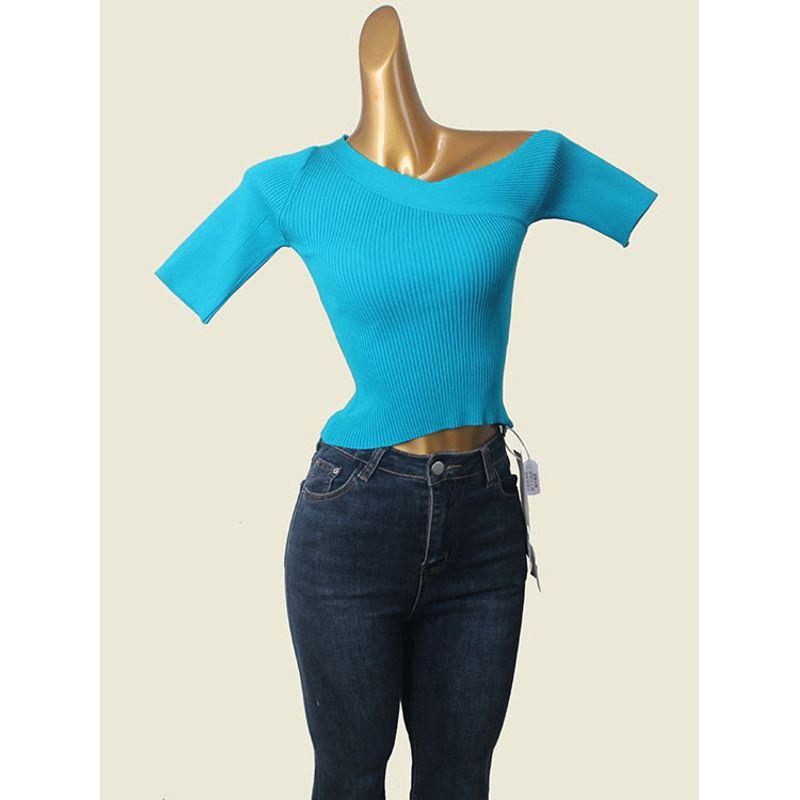 Blue Diagonal Collar One Shoulder Knitting Short Sleeve T-shirt Female French Style Design Silm Slimming Short Top Fall Base