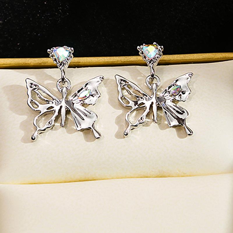 Colorful Love Crystal Stud Earrings, Fresh And Sweet Diamond Earrings, Light Luxury Hollow Butterfly Earrings