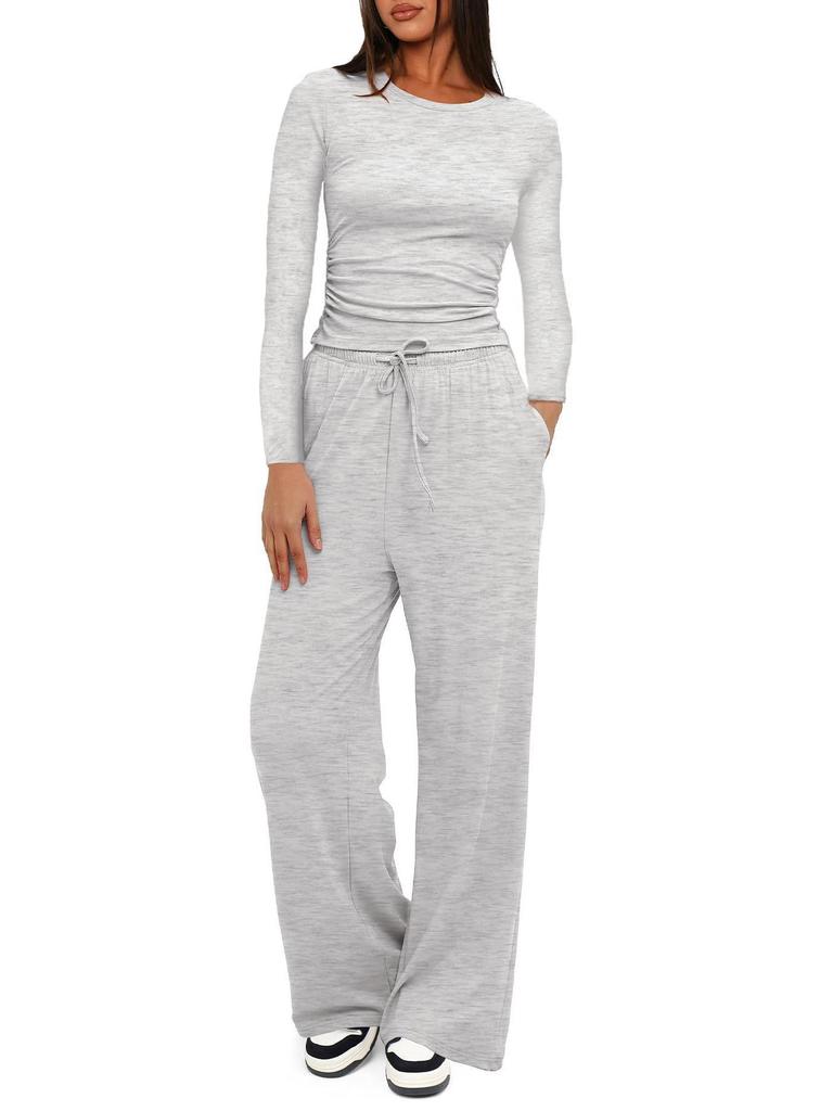 Solid Color Casual Long Sleeve Top and High Waist Wide Leg Pants Sportswear Set