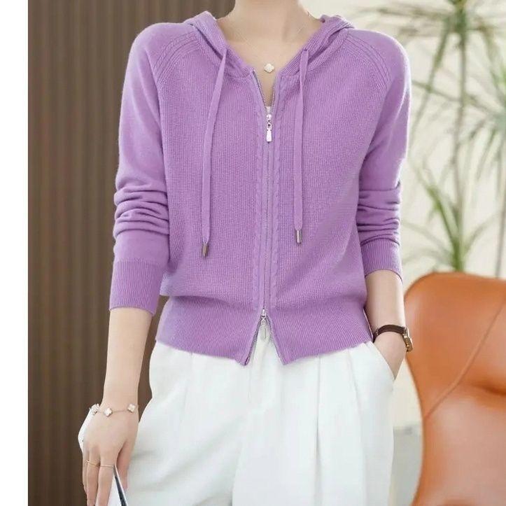 

Свитер 2023, весенний высококачественный однотонный темпераментный тонкий и телесный универсальный вязаный кардиган с капюшоном и длинными рукавами, женский топ One Size