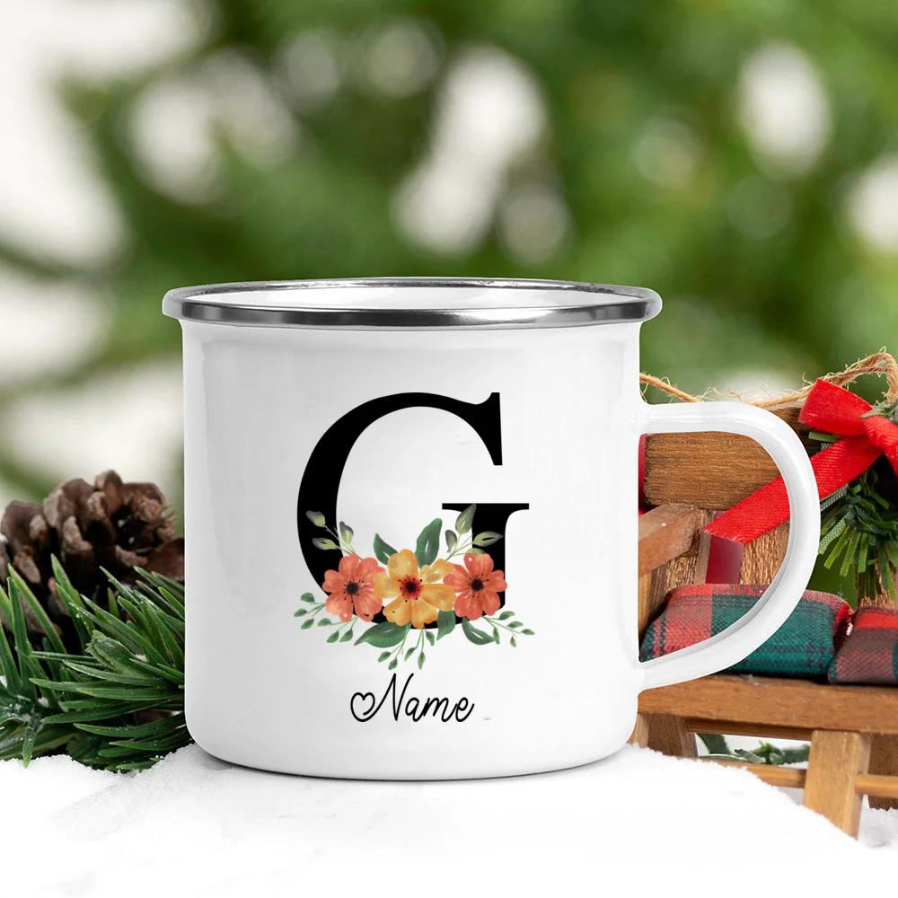 Personalisierte Namens Emailletasse Benutzerdefinierte Blume Buchstabe Alphabet Tasse Camping Henkel Kaffee Tee Milch Tassen Festliche Geburtstagsgeschenke