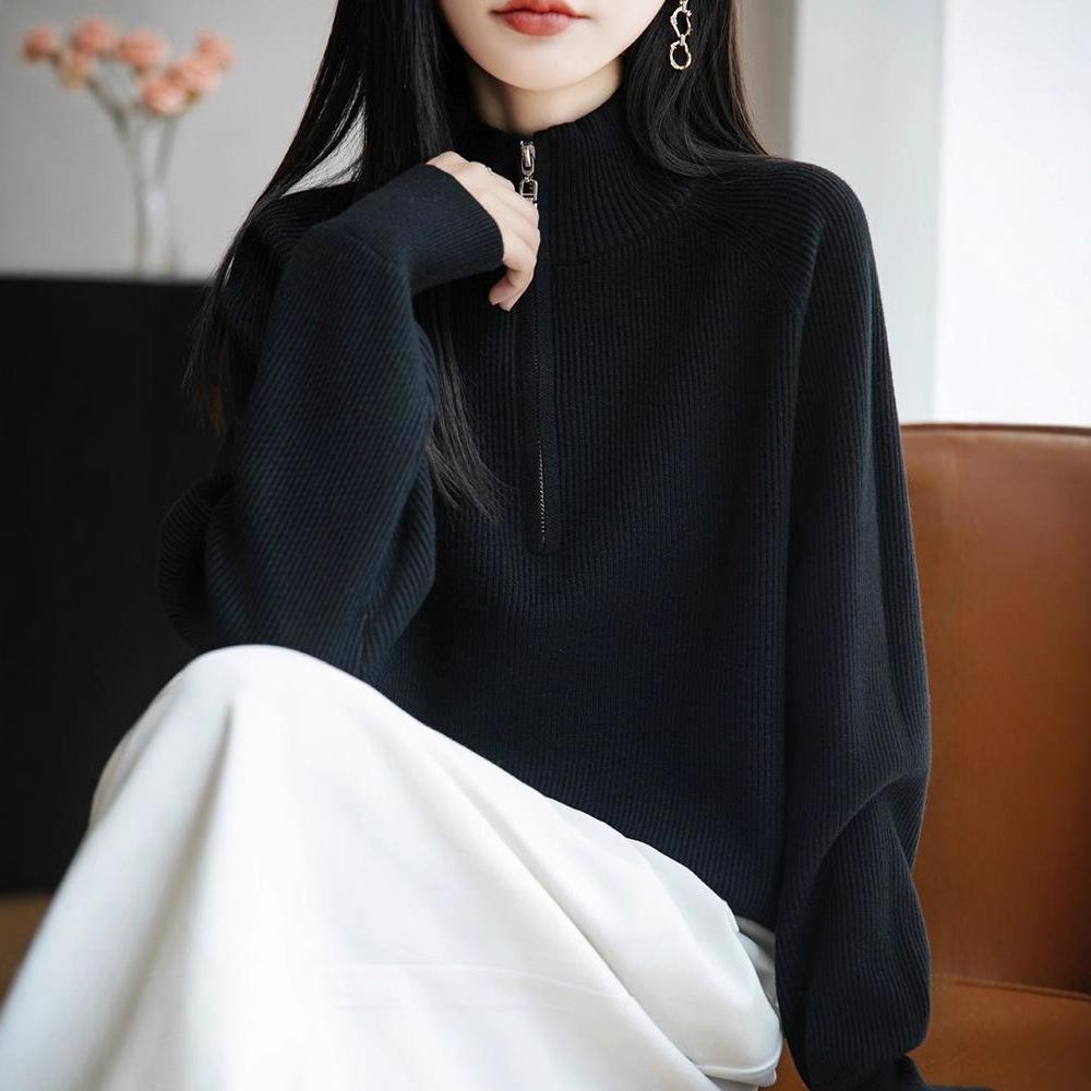 Spring and Autumn New Style Stand Collar Zipper Fashion Knitted Sweater for Women