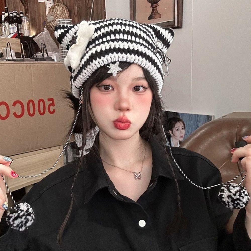 Star Cat's Ears Knitted Hat Y2K Woolen Hat Casual Slouchy Knitted Beanies  Outdoor