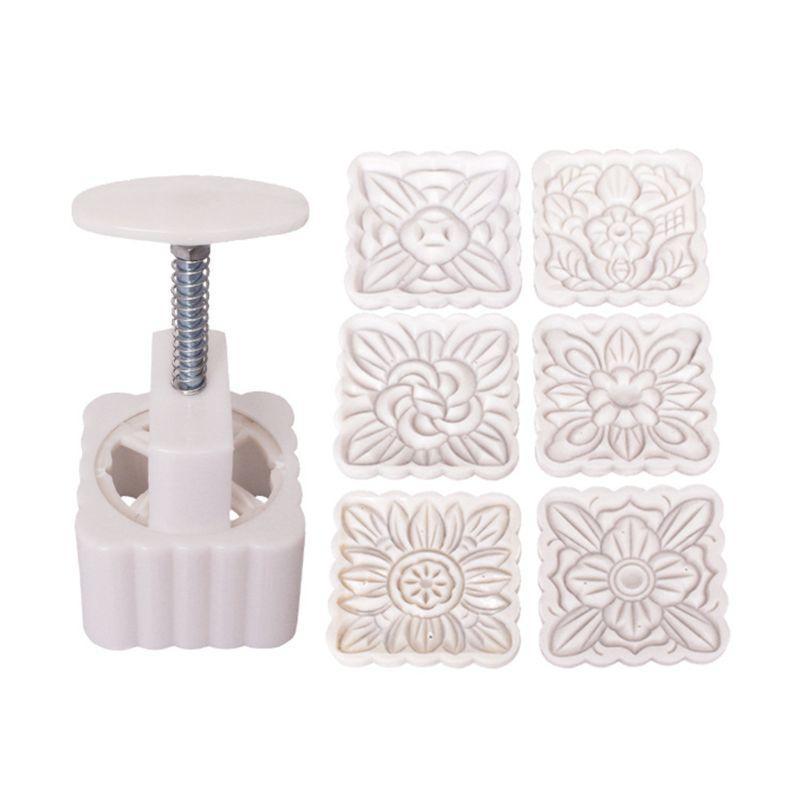 Mooncake Mold 6pcs Square Flowers Stamps Hand Press Moon Cake Pastry Mould DIY Bakware Mid-autumn Festival белый