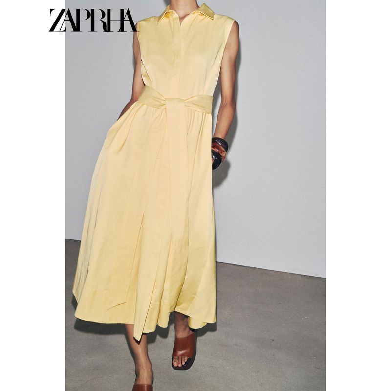 Zaprha 2025 Summer New Fashion Casual Western Style Lapel Belt Shirt Dress 4043072