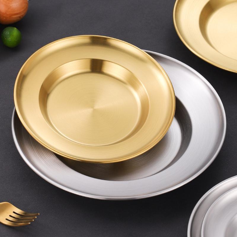 Round Kitchen Bar Tableware Cake And Fruit Snack Salad Plate Kitchen Accessories Stainless Steel Plate Camping Picnic Plate