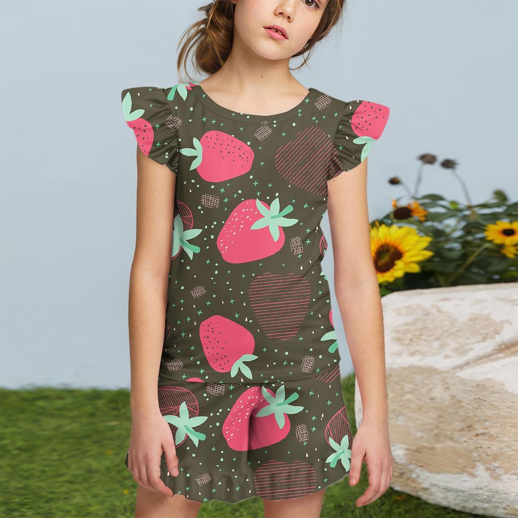 Summer Girls Cute Suit Flying Sleeves T-shirt Top + Ruffled Shorts Daily Outdoor Wear Cute Casual Fashion 2-Piece Set