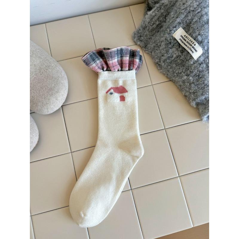 Клетчатая мультяшная серия теплых носков из искусственного кашемира и женских носков до середины икры — это модно и мило, в балетном стиле. 1 pair белый