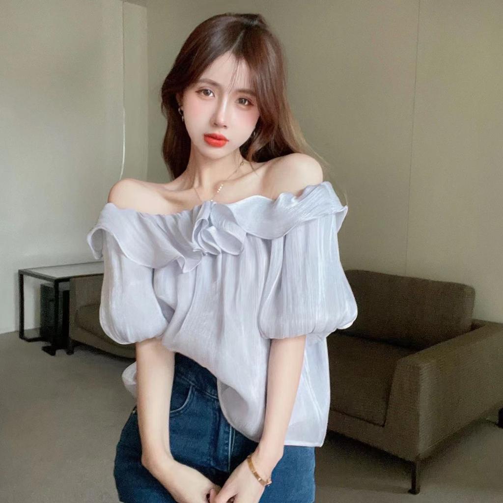 Pure desire temperament one-word shoulder shirt women's design sense niche top ruffle leaf edge foreign style off-the-shoulder chiffon shirt summer
