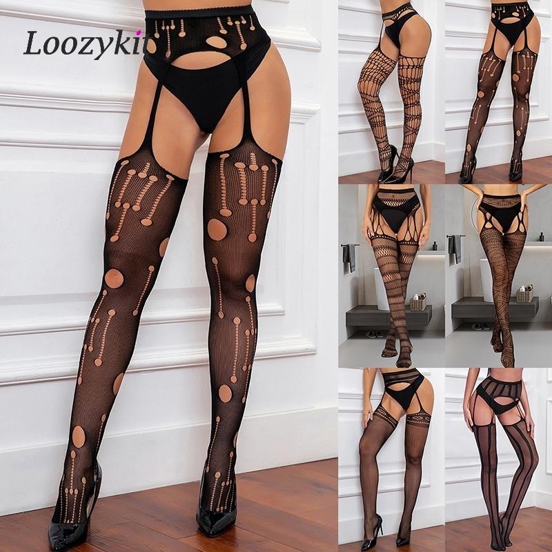Sexy Fishnet Stockings For Sex Mesh Transparent Underwear Women's Nylon Thigh High Stockings With Garters Open Crotch