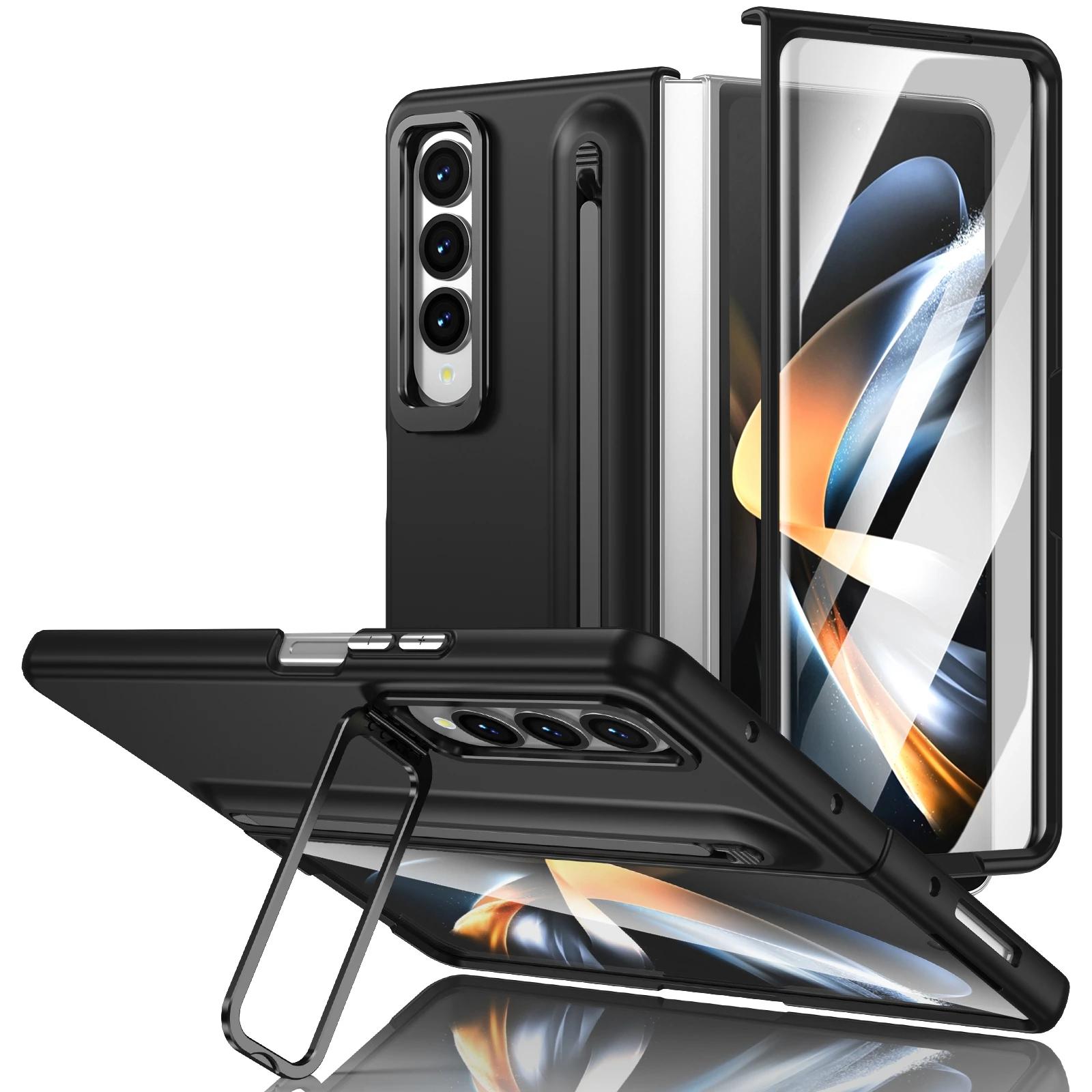 

Чехол для телефона Funda со слотом для стилуса для Samsung Galaxy Z Fold 7 6 5 4 3 Переднее стекло Металлическая линза Подставка ПК Защитная крышка Capa Galaxy Z Fold7 чёрный