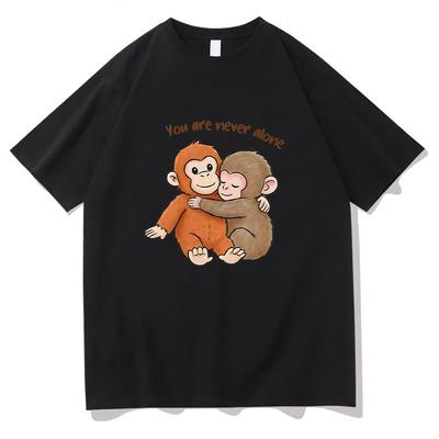 2026 New Punch Monkey Cute Baby Monkey with Plush Toy Graphic Unisex T Shirts Emotional Animal Lovers Pure Cotton Top Women Unisex Tee