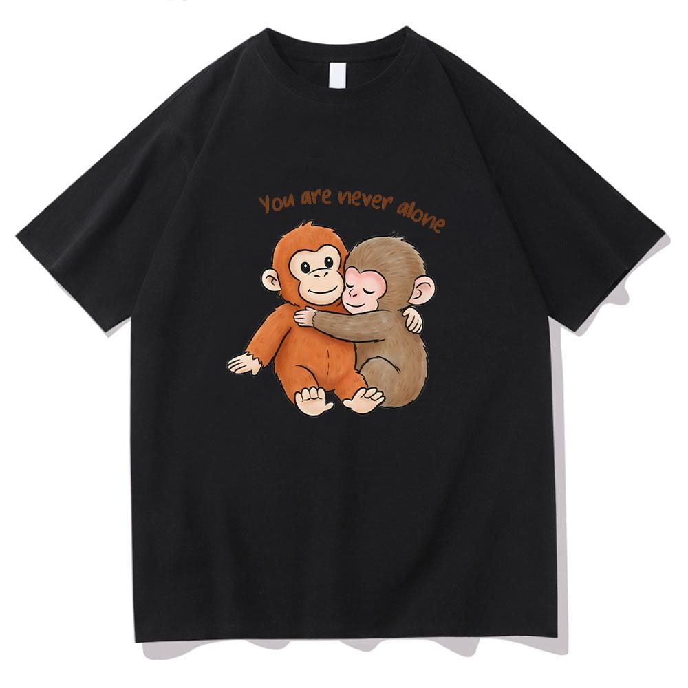Punch Monkey T-shirt Cute Baby Monkey with Plush Toy Graphic T Shirts Emotional Gift Animal Lovers Pure Cotton Top Women Men Tee XS чёрный