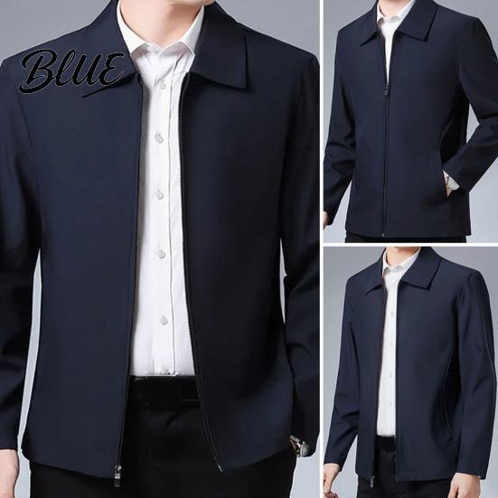 Zip Up Men Coat Jacket Lapel Solid Color Mid-aged Elderly Long Sleeve Zipper