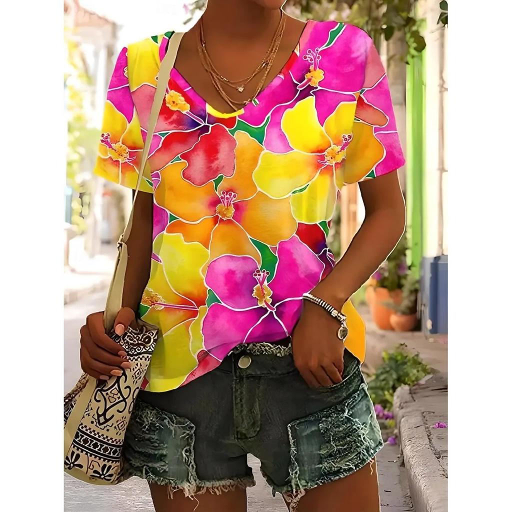 Fashion Floral Flower Pattern 3D Print T-Shirts Casual V-Neck Short Sleeve Women's T-shirts