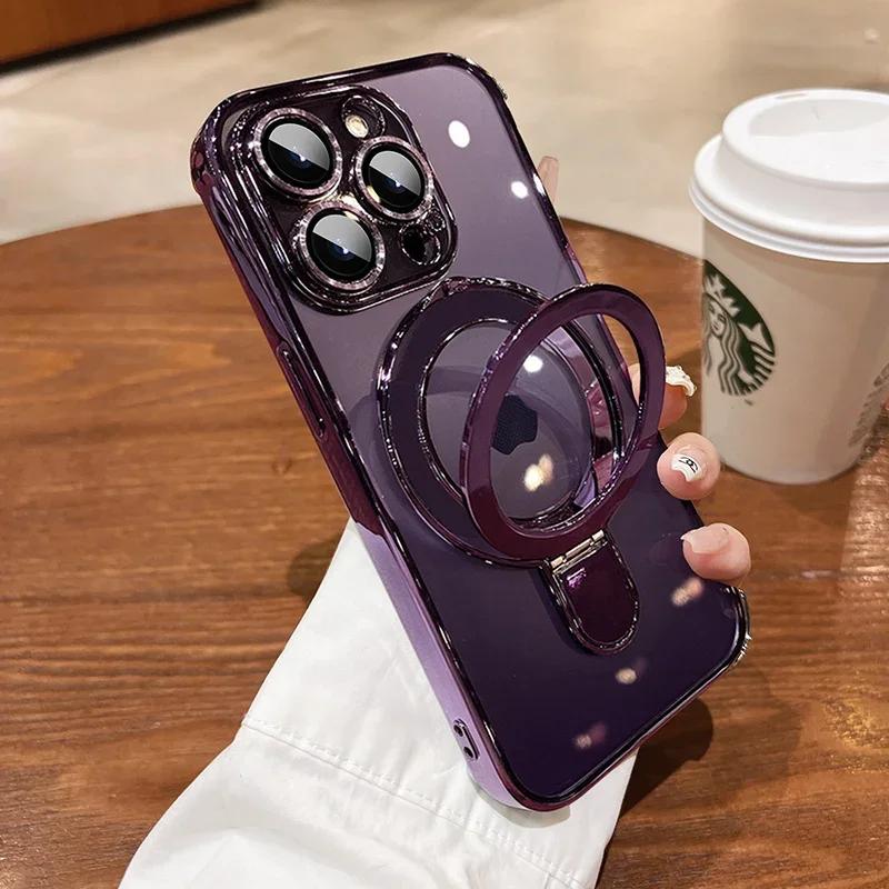 Transparent Plating For Magsefa Case For iPhone 16 15 14 13 12 11 Pro Max 14 15 16 Plus Wireless Charging Ring Stand Phone Cover