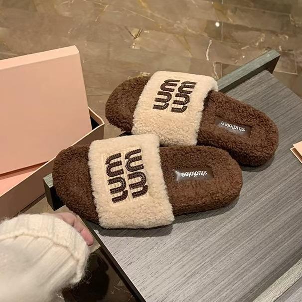 Wool version thick-soled letters fleece thermal slippers women's autumn and winter color matching word casual thick-soled fluffy shoes winter wear