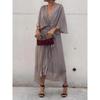 2026 New Plus Size Women's Solid Color Tie-Waist Long Dress with Bat Sleeves and Asymmetrical Hem