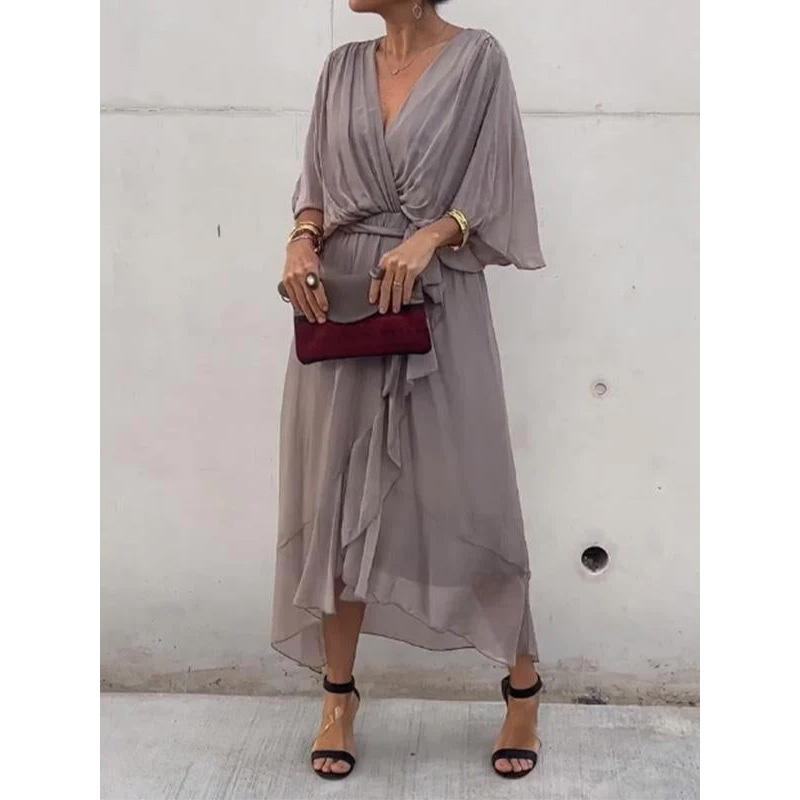 2026 New Plus Size Women's Solid Color Tie-Waist Long Dress with Bat Sleeves and Asymmetrical Hem