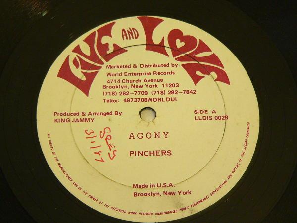 

12inch Record PINCHERS - Agony LLDIS0029 Live And Love 1987 US Reggae, Ska & Dub Used