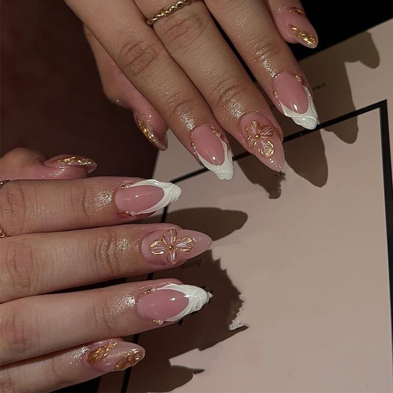24Pcs Mid Length Almond French Tip Press On Nails White Edge With 3D Flower Gilding Reusable Full Cover False Nails