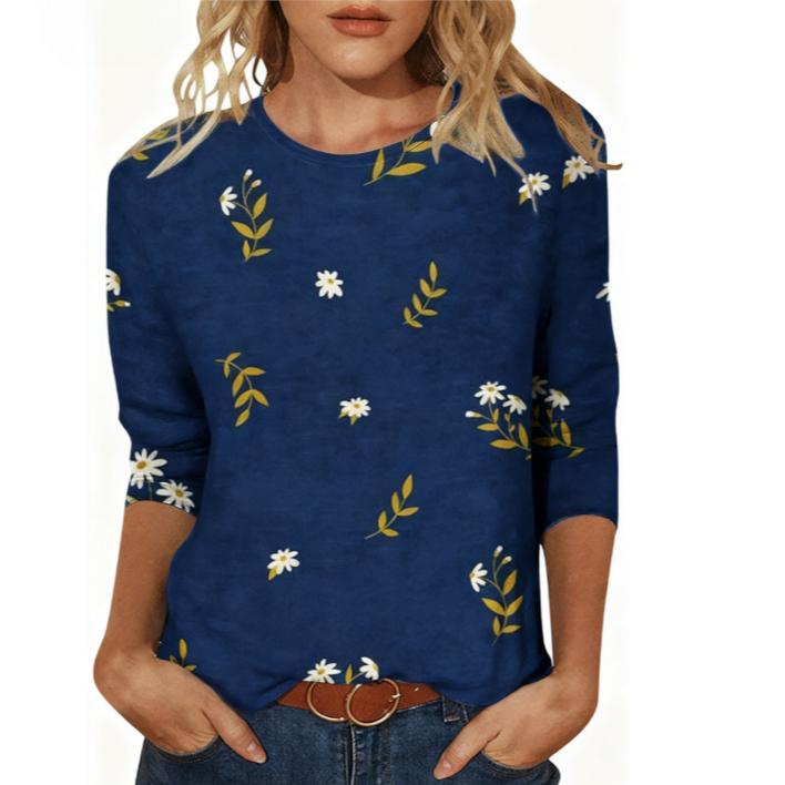 Kevadised ja sügisesed ümara kaelusega 3D lilledega trükitud topid, moekad vabaaja pikkade varrukatega naiste T-särgid