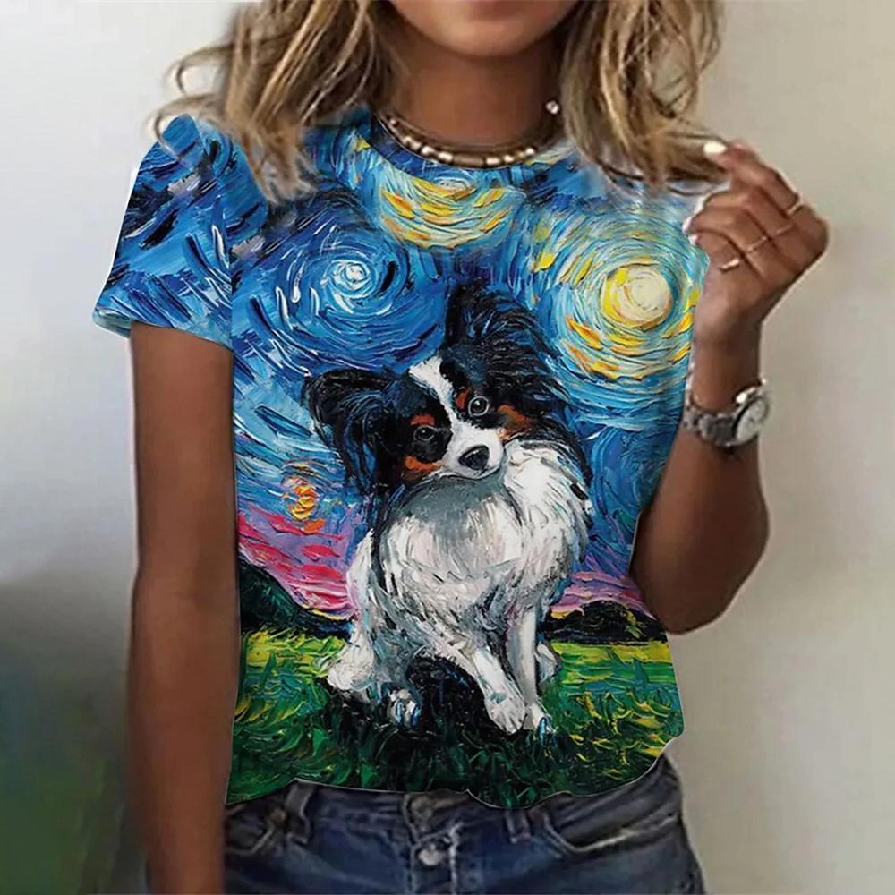 Summer Round Neck 3D The Art of Oil Painting Starry Sky and Animal Pattern Print Top Fashionable Casual Short Sleeved Women's T-shirts