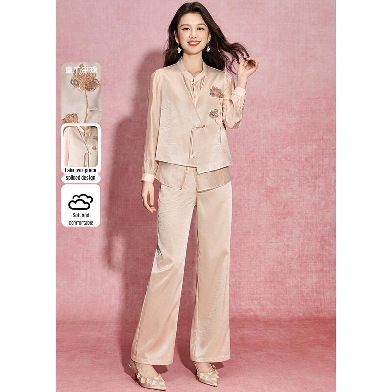 New Chinese Style Embroidered Faux Vest Wide-Leg Pant Set XL