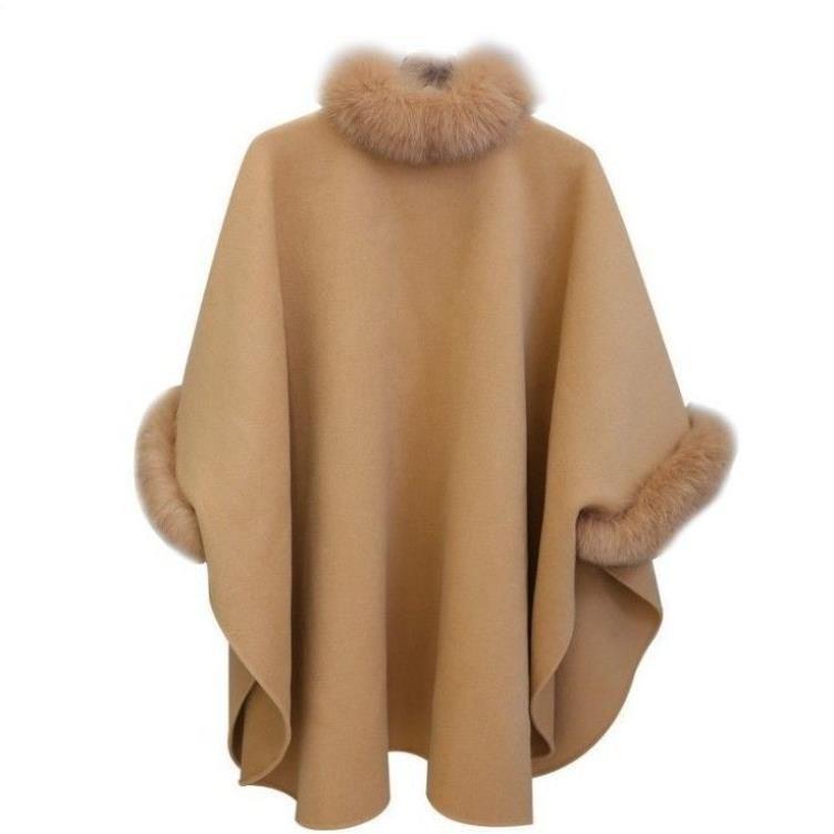 Women's Hepburn Style Wool Coat with Large Rabbit Fur Collar - Autumn/Winter Mid-Length Cape Shawl, Plus Size Available.