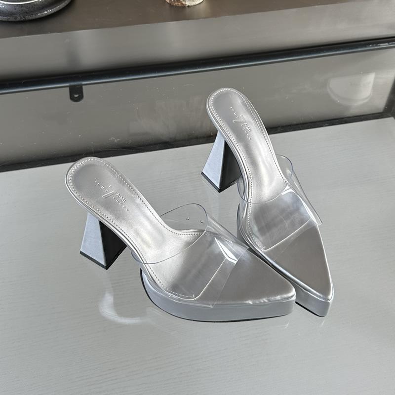 

Весна Лето 2025 Новинка Женская Повседневная Мода Женские Туфли на Высоком Каблуке Цельные Прозрачный Ремешок Подошва ЭВА Острый Носок Тканый Верх 34 серебряный