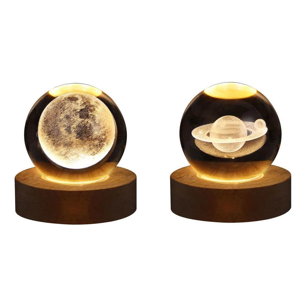 LED Crystal Ball Lamp Milky Way System Crystal Ball Glowing Solar System Crystal Ball with Wooden Base Glass Planet Nightlight