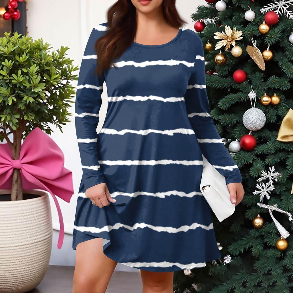 Plus Size Women's Gradient Print Casual Spring/Autumn Pocket Round Neck Long Sleeve Dress