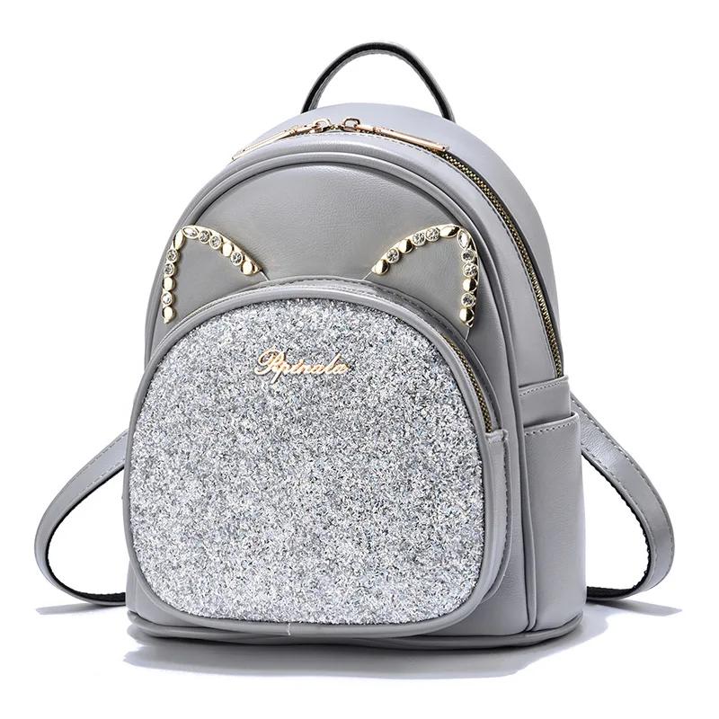 

Sequin Women Backpack Rhinestone Lovely Cat Women s Female Leather Backpack School Bags Korea Dual-use Shoulder Bags