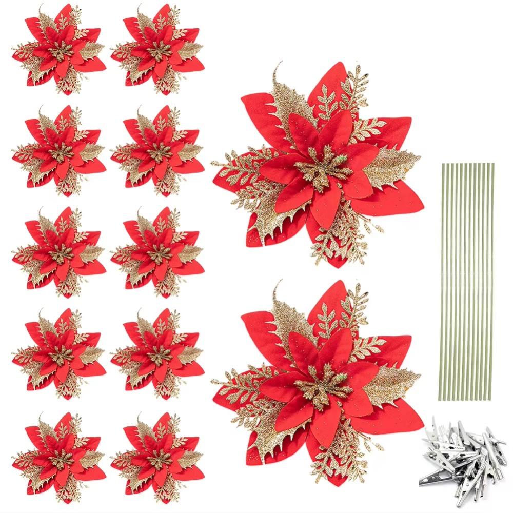 12Pcs With Clips Glitter Xmas Tree Ornaments Multi-color Christmas Floral Decorations  Wedding Decor